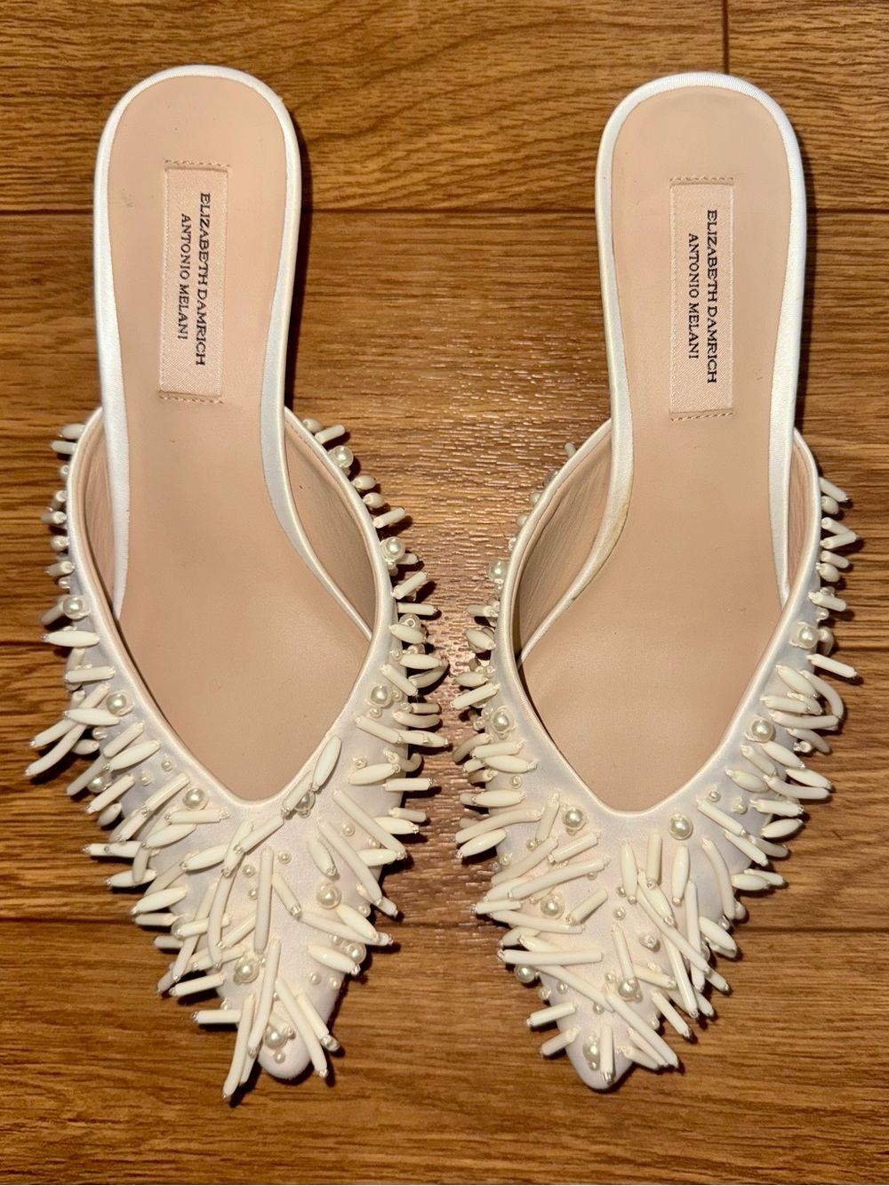 Elegant Pearl Embellished Cream Satin Mules Size 6 Like New
